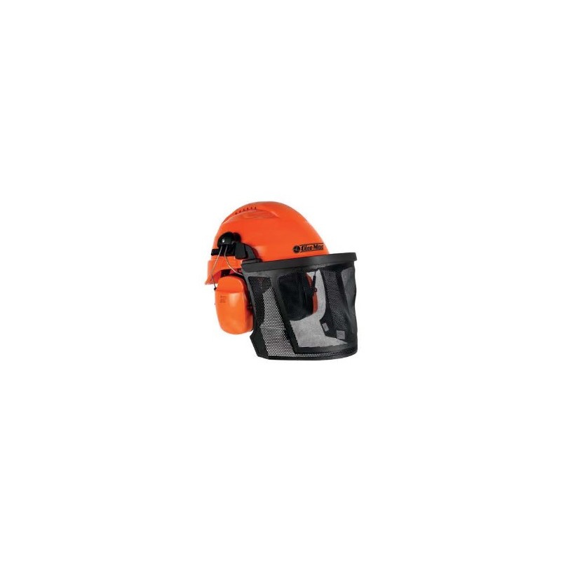 Protective helmet with wire mesh visor and adjustable OLEOMAC ear muffs