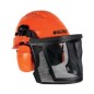 Protective helmet with wire mesh visor and adjustable OLEOMAC ear muffs