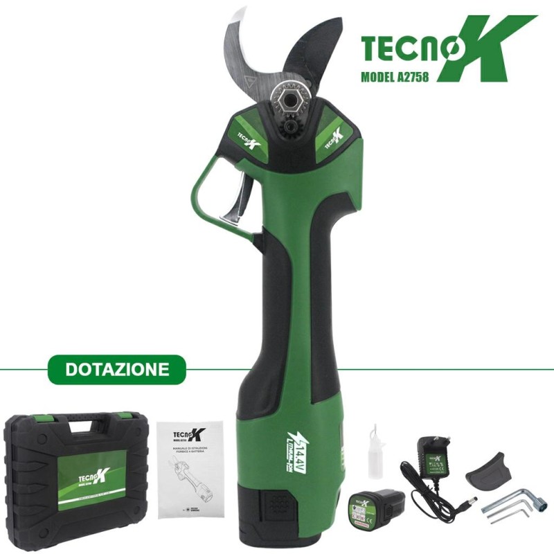 TecnoK A2758 scissor with 2 batteries 1.5 Ah and battery charger cutting 25-32 mm