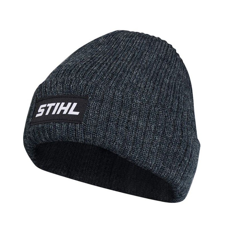 Winter coarse knit cap in grey wool with ORIGINAL STIHL logo patch