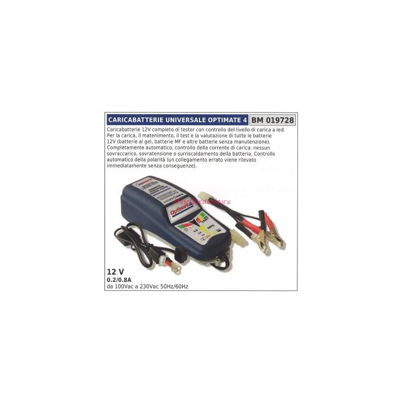 Cargador universal optimate 4 12V completo con comprobador 0,2/0,8A 019728