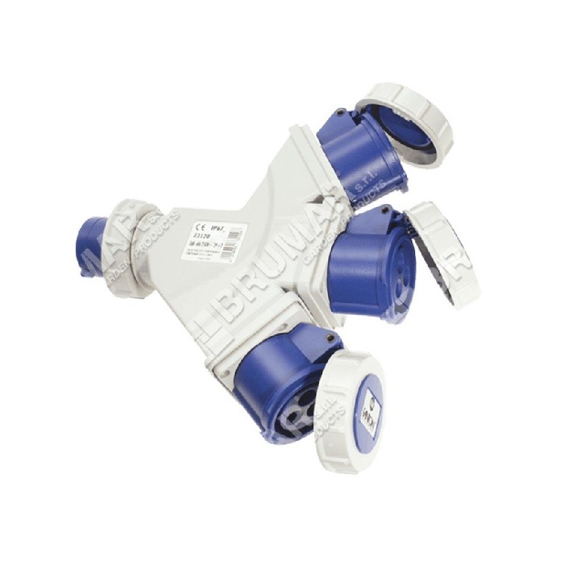 CEE 6H plug adapter with 2 sockets 2P+E COMPATIBLE - 008974