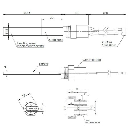 Quarzwiderstand. 11,5 x 4 x 90 mm, 300 W, für 3/8"-Anschluss.