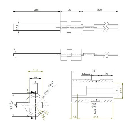 Quarzwiderstand. 10,8 x 4 x 101 mm, 24 V, 120 W.
