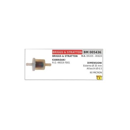 Filter CARBURATOR BRIGGS&STRATTON - KAWASAKI Ø external 35mm Ø connections 6,5mm 60 MICRON | Newgardenstore.eu