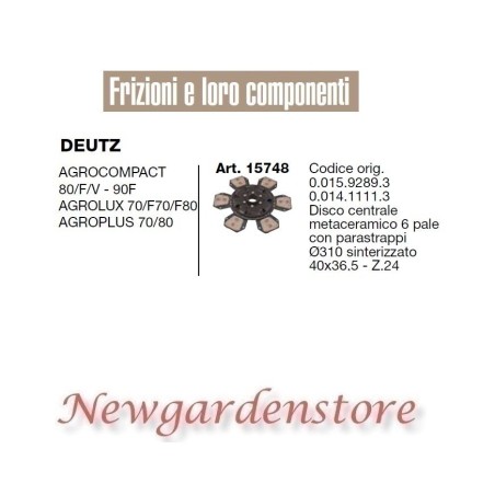 Clutch disk 15748 DEUTZ Agrocompact 80 Agrolux Agroplus 41x36 tractor | Newgardenstore.eu