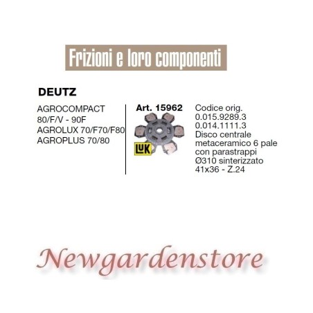 Disque d'embrayage 15962 DEUTZ Agrocompact 80 Agroplus 41x36 tracteur | Newgardenstore.eu