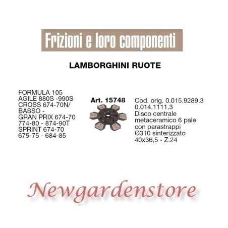 Disco frizione 15748 trattore LAMBORGHINI RUOTE Agile 880 990 Cross Sprint 6pale | Newgardenstore.eu