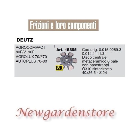 Disco frizione 15895 trattore DEUTZ Agrocompact Agrolux Agroplus Z24 40x36,5 90F | Newgardenstore.eu