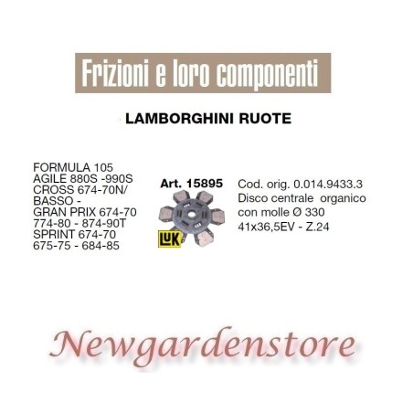 Disco frizione 15895 trattore LAMBORGHINI RUOTE Agile 880 990 Cross Sprint 41x36 | Newgardenstore.eu