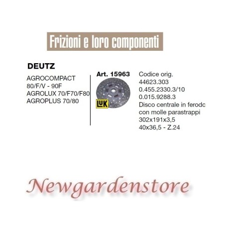 Disco frizione 15963 trattore DEUTZ 40x36,5 Agrocompact 80 Agrolux 70 Agroplus | Newgardenstore.eu