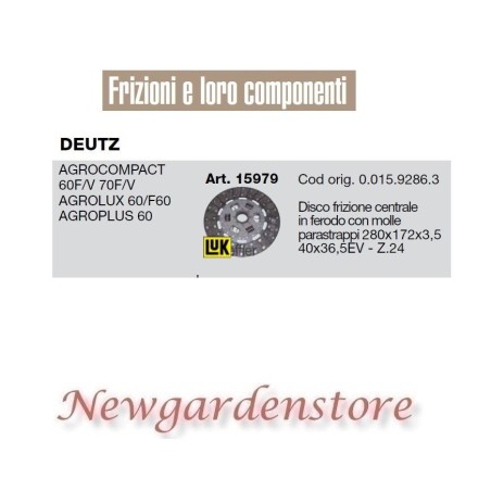 Clutch disc 15979 DEUTZ Agrocompact 60 70 F V Agrolux Agroplus tractor Z24 | Newgardenstore.eu