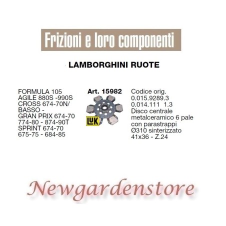 Disco frizione 15982 trattore LAMBORGHINI RUOTE Agile 880S 990 Cross Sprint Z24 | Newgardenstore.eu