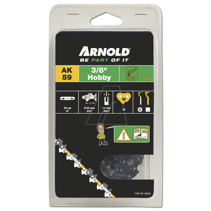 Chaîne de tronçonneuse à profil bas 3/8", 1,1 mm, 34 maillons, avec maillon de sécurité, tranchant biseauté