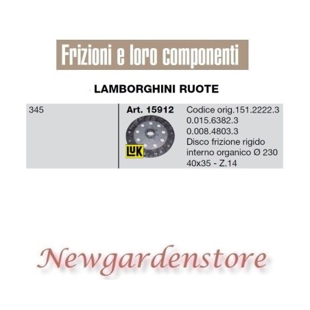 Disco de embrague rígido 40x35 230mm Z14 tractor 15912 LAMBORGHINI RUEDAS 345 | Newgardenstore.eu