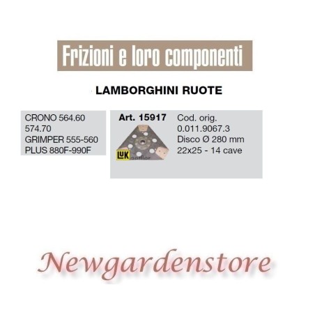 Disco de embrague para tractor LAMBORGHINI 15917 Crono 564.60 Grimper Plus 22x25 280mm | Newgardenstore.eu