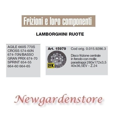 Disco de embrague tractor LAMBORGHINI 15979 Agile Cross Prix 280x172x3,5 40x36,5Ev | Newgardenstore.eu