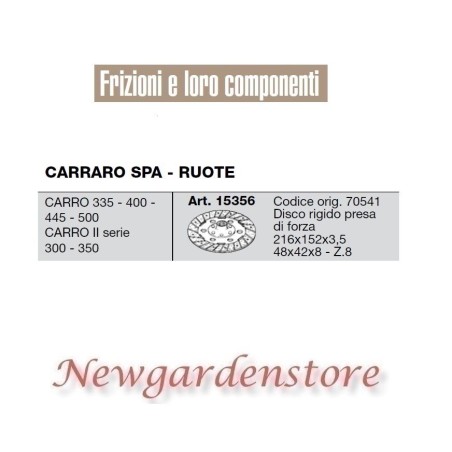 Disco presa di forza 15356 trattore CARRARO SPA RUOTE Carro 335 400 445 500 300 | Newgardenstore.eu