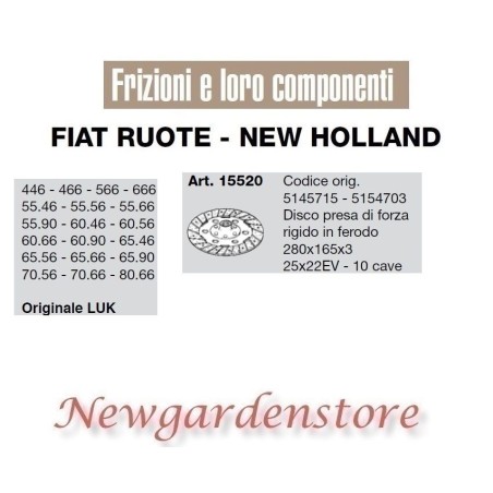 Disco embrague TDF 280x165x3 25x22EV 10cave 15520 FIAT NEW HOLLAND | Newgardenstore.eu