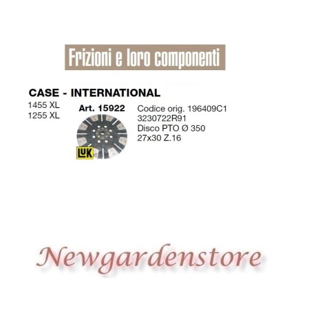 Disco de embrague TDF 15922 tractor CASE INTERNATIONAL 1455 1255 XL 350mm 27x30 | Newgardenstore.eu