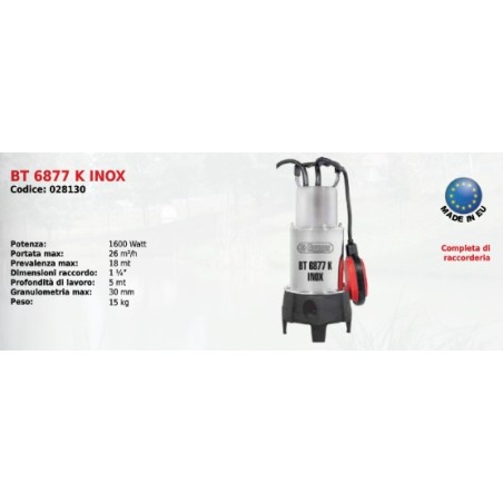 Pompe submersible électrique pour eaux usées BT 6877 K INOX ELPUMPS 1600 Watt | Newgardenstore.eu