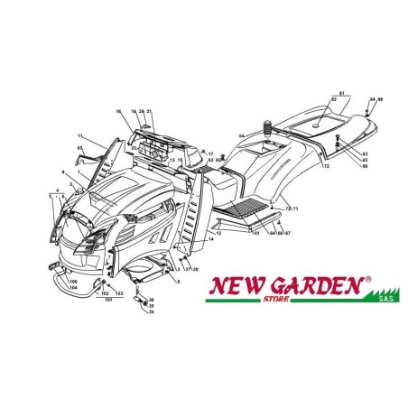 Exploded view bodywork 102 cm XT140 lawn tractor CASTELGARDEN 2002 - 2013 | Newgardenstore.eu