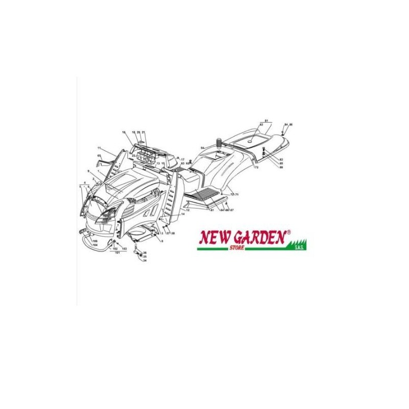 Exploded view bodywork 102cm XT150 lawn tractor CASTELGARDEN 2002-13 spare parts