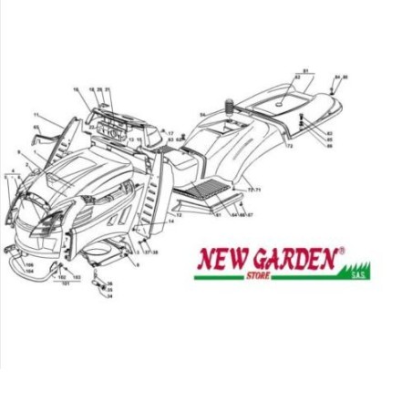 Vue éclatée carrosserie 102cm XT150 tracteur de pelouse CASTELGARDEN 2002-13 pièces détachées | Newgardenstore.eu