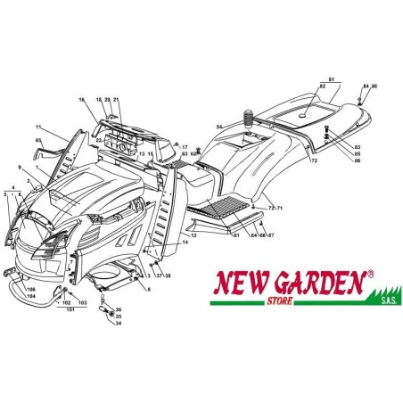 Vue éclatée carrosserie 102cm XT150 tracteur tondeuse CASTELGARDEN 2002-13pièces détachées | Newgardenstore.eu