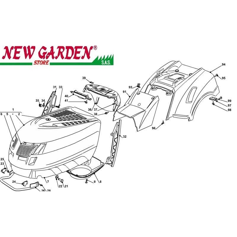 Exploded view bodywork 102cm PT140 lawn tractor CASTELGARDEN 2002-13 spare parts