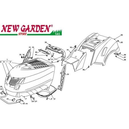 Vue éclatée carrosserie 102cm PT140 tracteur de pelouse CASTELGARDEN 2002-13 pièces détachées | Newgardenstore.eu