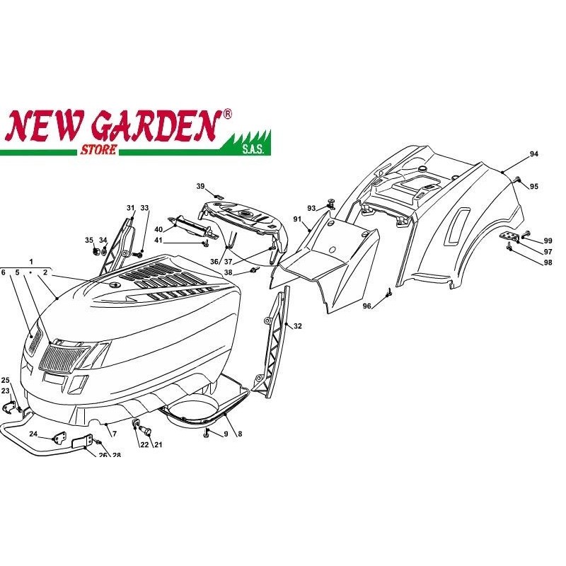 Exploded view bodywork 102cm PT190hd lawn tractor CASTELGARDEN spare parts
