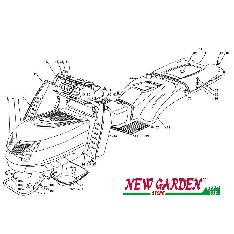 Exploded view bodywork 102cm PTC220hd lawn tractor CASTELGARDEN spare parts