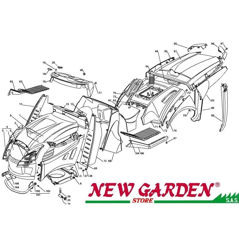Exploded view bodywork 102cm XT190HDE lawn tractor CASTELGARDEN spare parts