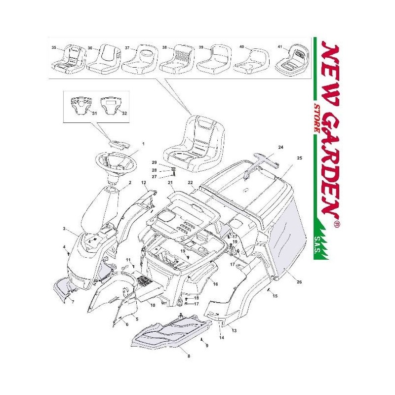 Exploded view bodywork 66cm XE866B B&S875 EL.START lawn tractorCASTELGARDEN