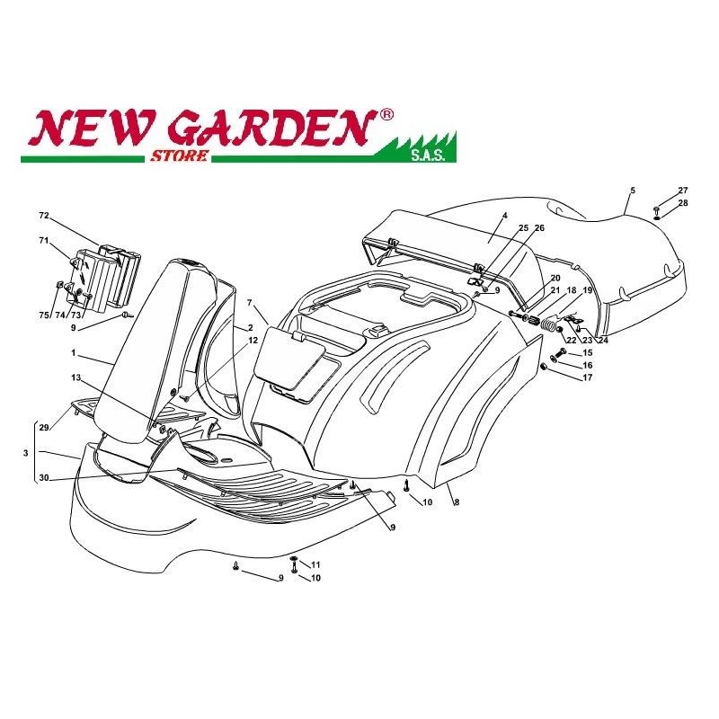 Exploded view bodywork 72cm XF130 lawn tractor CASTELGARDEN 2002-13 spare parts