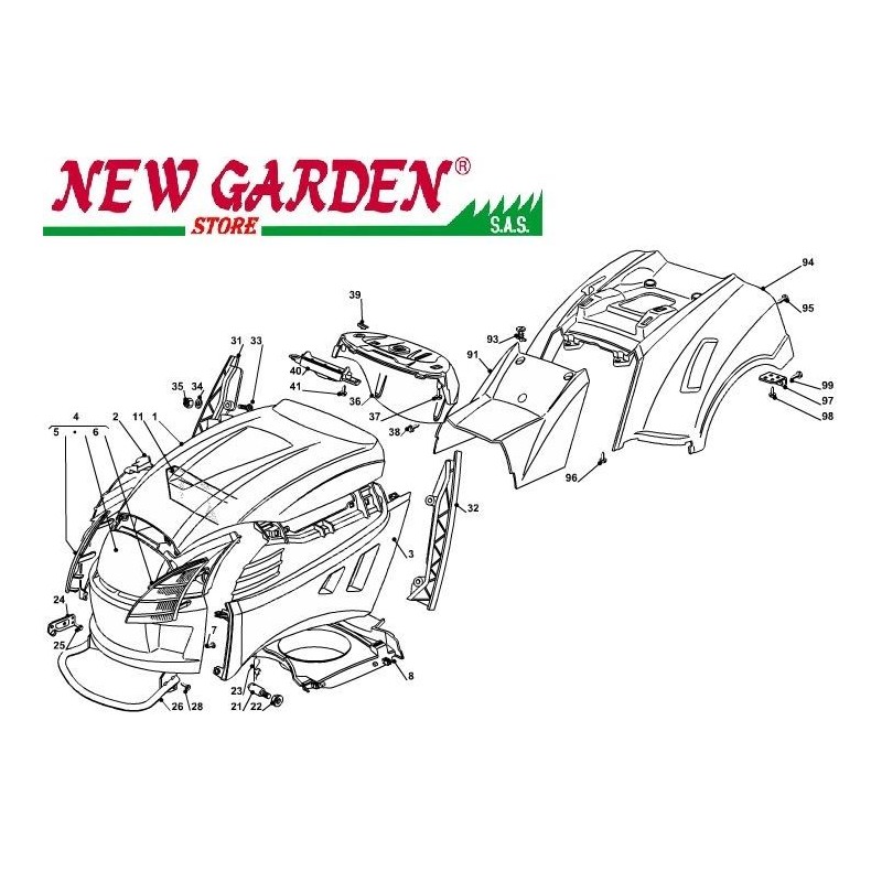 Exploded view bodywork 84cm J135H lawn tractor CASTELGARDEN 2002-13 spare parts