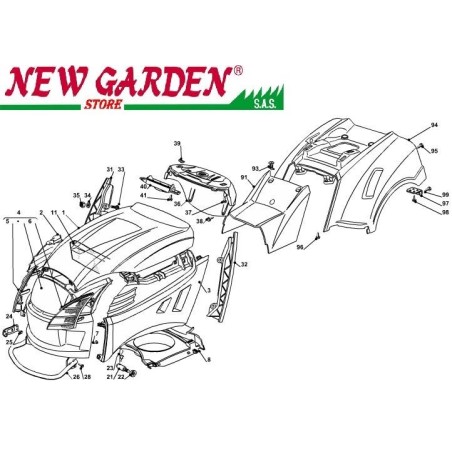 Exploded view bodywork 84cm J135H lawn tractor CASTELGARDEN 2002-13 spare parts | Newgardenstore.eu