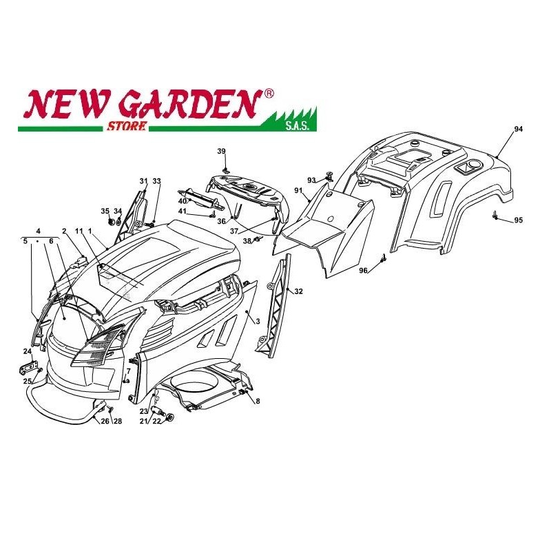 Exploded view bodywork lawn tractor 98cm XD150 CASTELGARDEN spare parts 2002-13