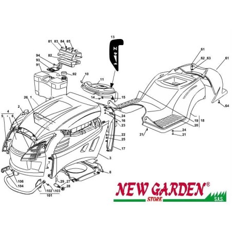 Explosionszeichnung Karosserie Rasentraktor 98cm XL140 CASTELGARDEN Ersatzteile 2002-13 | Newgardenstore.eu