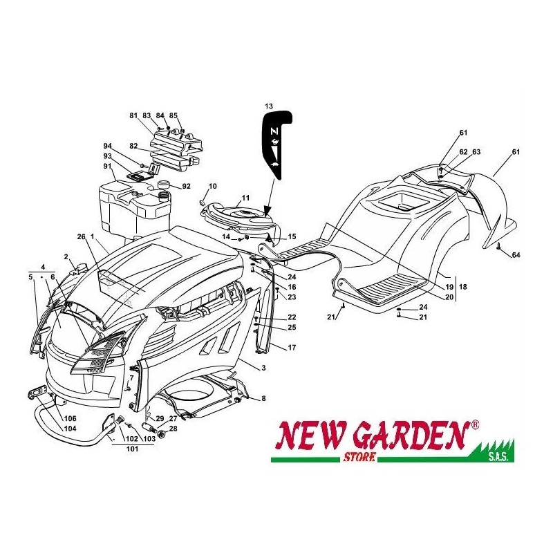Exploded view bodywork 98cm XL160HD lawn tractor CASTELGARDEN spare parts2002-13