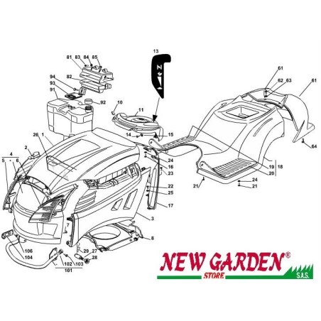 Exploded view bodywork 98cm XL160HD lawn tractor CASTELGARDEN spare parts2002-13 | Newgardenstore.eu
