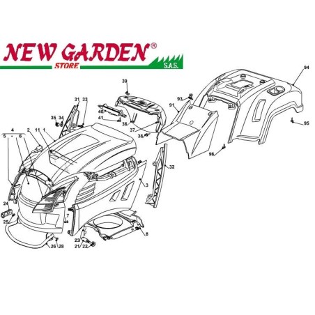 Exploded view bodywork 98cm XD150HD lawn tractor CASTELGARDEN spare parts 2002-13 | Newgardenstore.eu