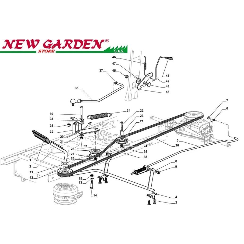 Vue éclatée de la commande de frein de la boîte de vitesses SD98 XD130 pour tracteur de pelouse CASTELGARDEN 2002-13