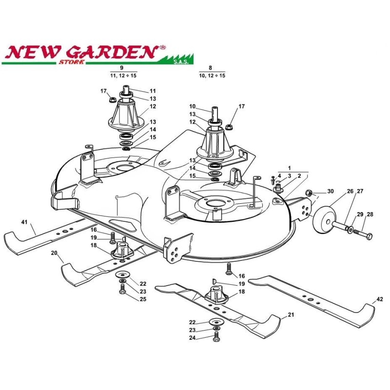 Exploded view of cutting deck 102cm XT170 ride-on mower CASTELGARDEN 2002-13