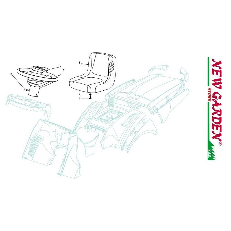 Exploded view seat and steering wheel 102cm XT150HD lawn tractor CASTELGARDEN 2002-13