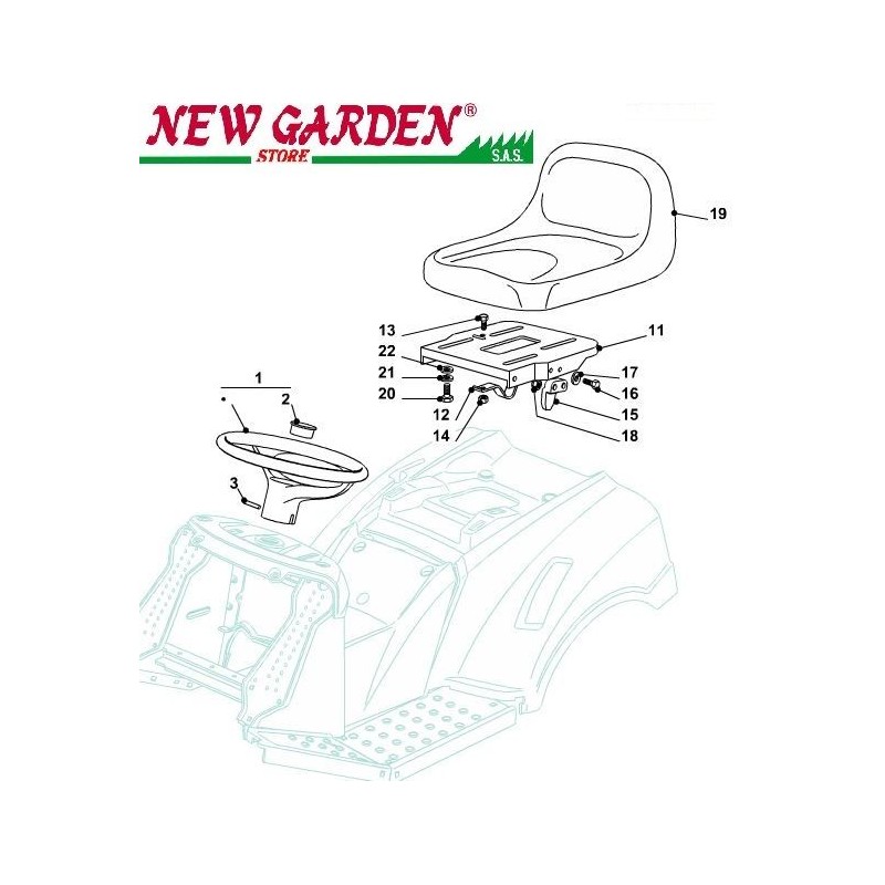 Exploded view lawn tractor seat and steering wheel 98cm XD150 CASTELGARDEN spare parts