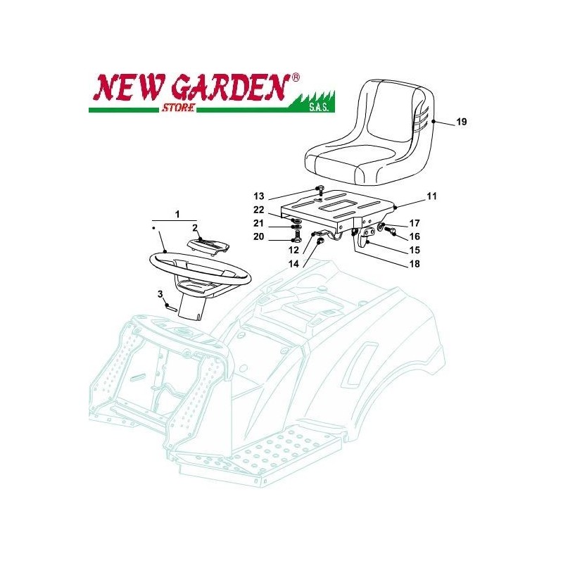 Exploded view seat and steering wheel 98cm XD150HD lawn tractor CASTELGARDEN spare parts