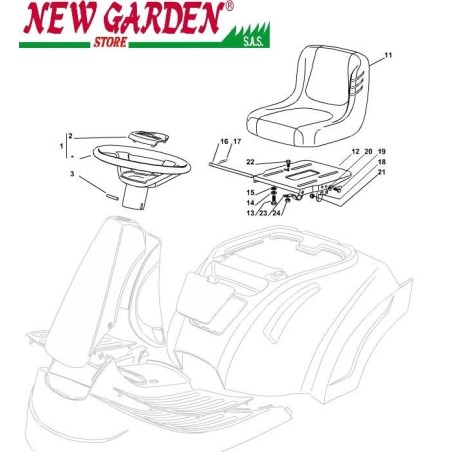 Exploded view seat and steering wheel lawn tractor XF130C 72cm CASTELGARDEN 2002-2013 spare parts | Newgardenstore.eu