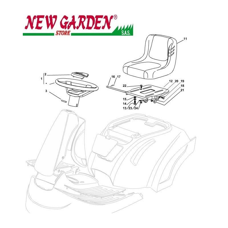 Exploded view seat and steering wheel lawn tractor XF140 72cm CASTELGARDEN 2002-2013 spare parts